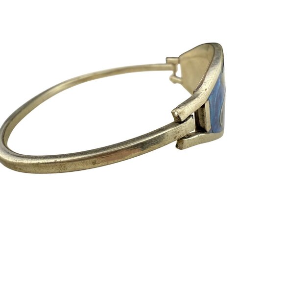 Vintage Alpaca Mexico Blue Enamel Flower Inlay Abalone & Mother Of Pearl Cuff Br - Picture 3 of 7